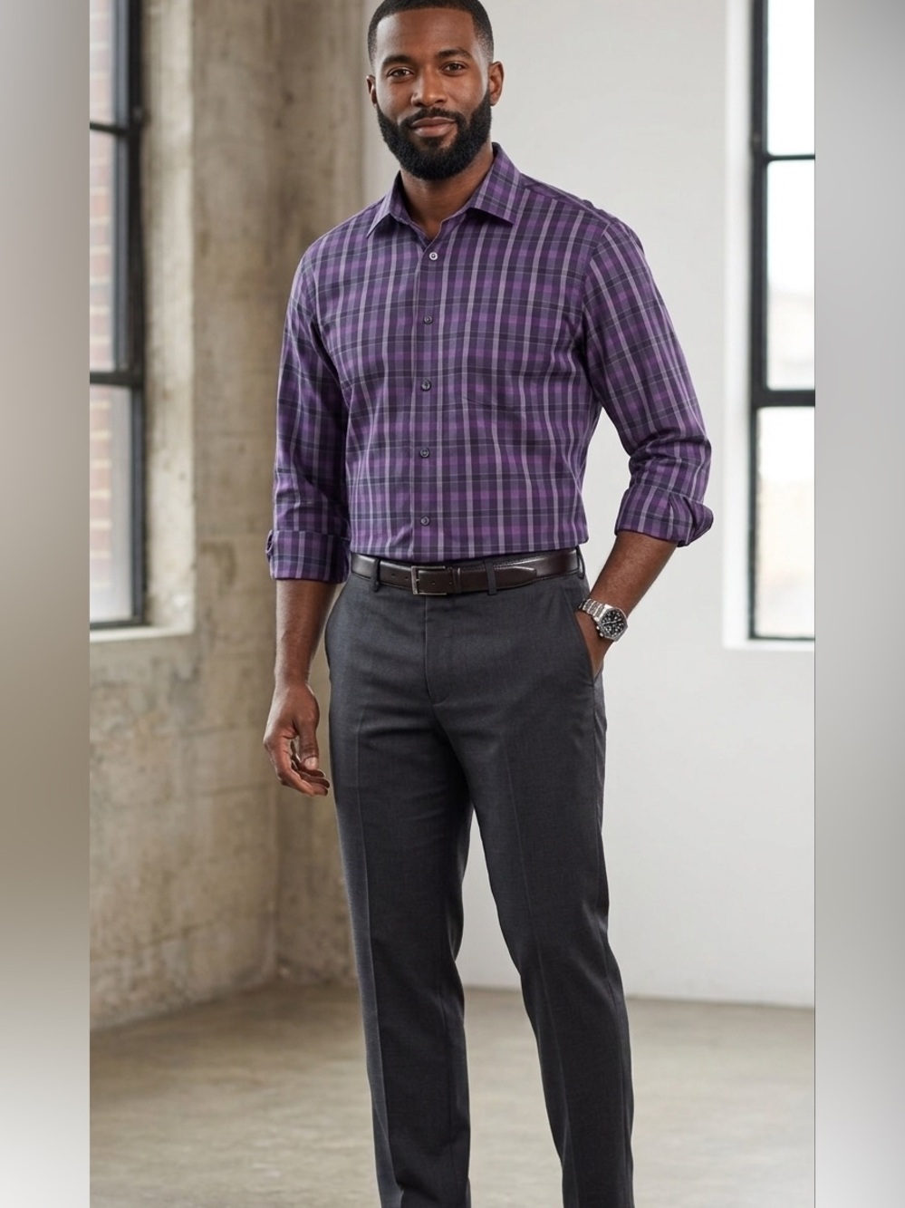 ALFRED SUNG Purple Plaid Men's Button-Down Shirt SIZE 2XLT